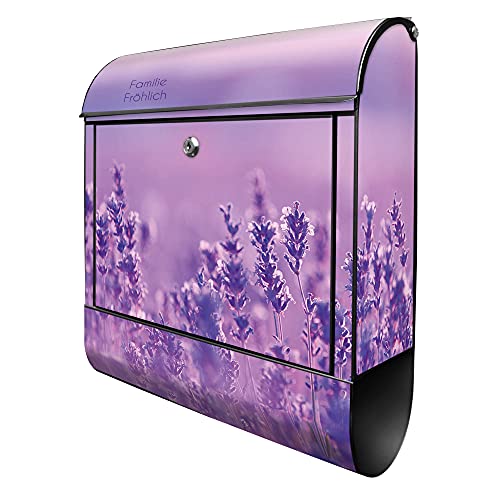 banjado® Design Briefkasten personalisiert Lavendelmeer 38,5x46,5x13cm & 2 Schlüssel - Briefkasten Stahl schwarz Zeitungsfach pulverbeschichtet - Postkasten A4 Einwurf inkl. Montagematerial von banjado