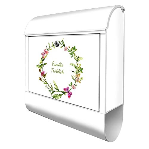 banjado® Design Briefkasten personalisiert Motiv Aquarell Blumenring 39x47x14cm & 2 Schlüssel - Briefkasten Stahl weiß Zeitungsfach pulverbeschichtet - Postkasten A4 Einwurf inkl. Montagematerial von banjado