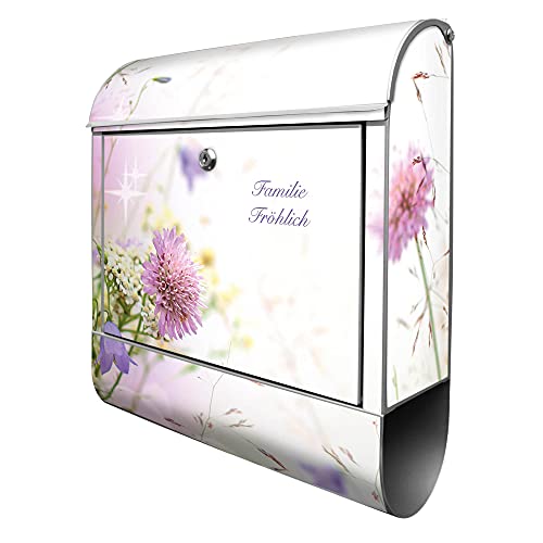 banjado® Design Briefkasten personalisiert Glitzernde Wiese 38,5x46,5x13cm & 2 Schlüssel - Briefkasten Stahl Silber Zeitungsfach pulverbeschichtet - Postkasten A4 Einwurf inkl. Montagematerial von banjado
