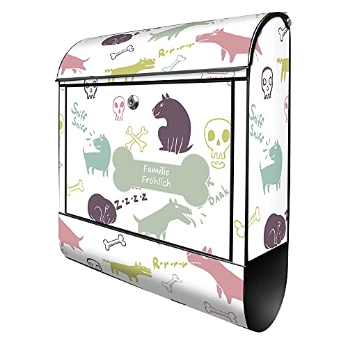 banjado® Design Briefkasten personalisiert Motiv Hunde und Knochen 39x47x14cm & 2 Schlüssel - Briefkasten Stahl schwarz Zeitungsfach pulverbeschichtet - Postkasten A4 Einwurf inkl. Montagematerial von banjado