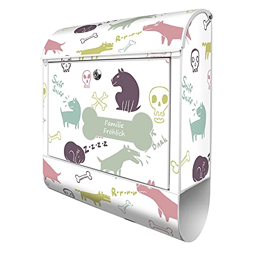 banjado® Design Briefkasten personalisiert Motiv Hunde und Knochen 39x47x14cm & 2 Schlüssel - Briefkasten Stahl weiß Zeitungsfach pulverbeschichtet - Postkasten A4 Einwurf inkl. Montagematerial von banjado