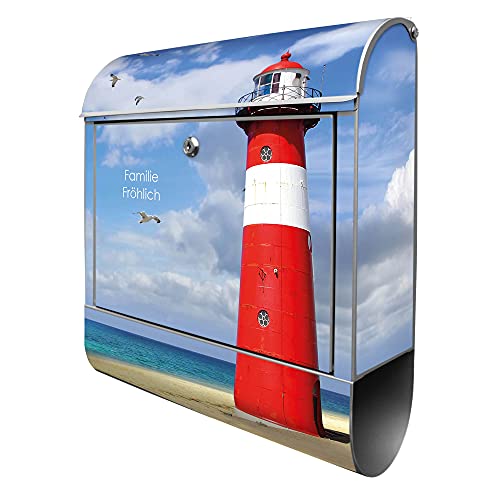 banjado® Design Briefkasten personalisiert Leuchtturm Westkapelle 38,5x46,5x13cm & 2 Schlüssel - Briefkasten Stahl Silber Zeitungsfach pulverbeschichtet - Postkasten A4 Einwurf inkl. Montagematerial von banjado