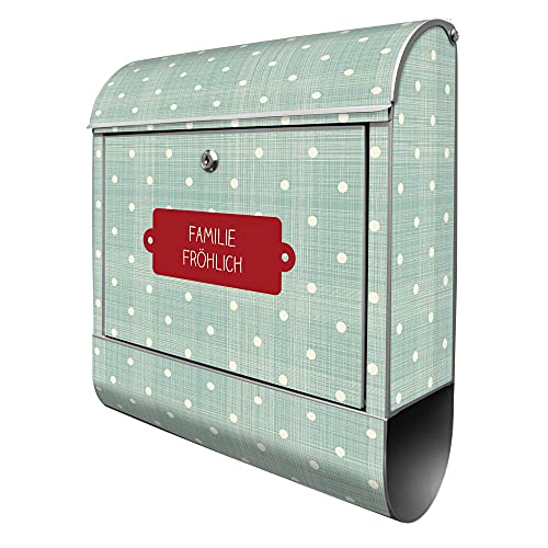 banjado® Design Briefkasten personalisiert Punkte Lindgrün 38,5x46,5x13cm & 2 Schlüssel - Briefkasten Stahl Silber Zeitungsfach pulverbeschichtet - Postkasten A4 Einwurf inkl. Montagematerial von banjado