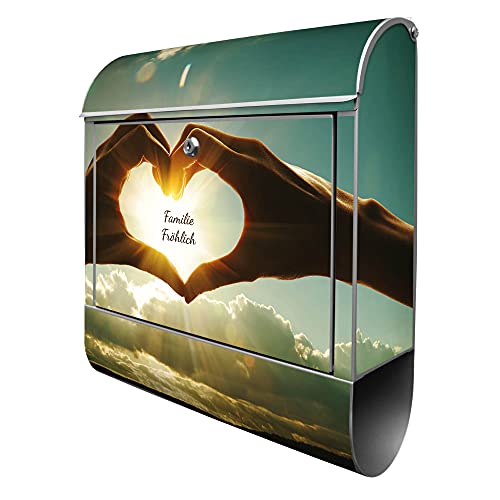 banjado® Design Briefkasten personalisiert Motiv Sonne im Herzen 39x47x14cm & 2 Schlüssel - Briefkasten Stahl Silber Zeitungsfach pulverbeschichtet - Postkasten A4 Einwurf inkl. Montagematerial von banjado