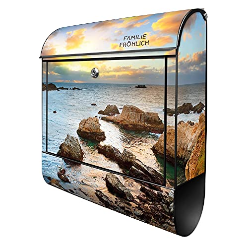 banjado® Design Briefkasten personalisiert Motiv Sonnenaufgang am Meer 39x47x14cm & 2 Schlüssel - Briefkasten Stahl schwarz Zeitungsfach pulverbeschichtet - Postkasten A4 Einwurf inkl. Montagematerial von banjado