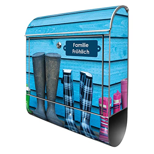 banjado® Design Briefkasten personalisiert Motiv WT Gummistiefel 39x47x14cm & 2 Schlüssel - Briefkasten Stahl Silber Zeitungsfach pulverbeschichtet - Postkasten A4 Einwurf inkl. Montagematerial von banjado