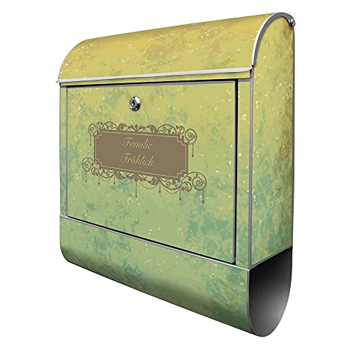 banjado® Design Briefkasten personalisiert Motiv WT Vintage Messing 39x47x14cm & 2 Schlüssel - Briefkasten Stahl Silber Zeitungsfach pulverbeschichtet - Postkasten A4 Einwurf inkl. Montagematerial von banjado