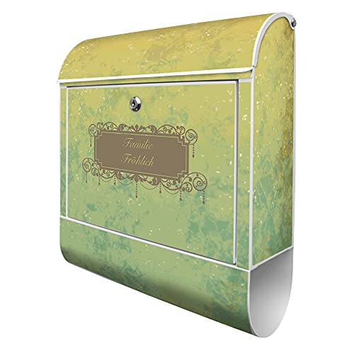 banjado® Design Briefkasten personalisiert Motiv WT Vintage Messing 39x47x14cm & 2 Schlüssel - Briefkasten Stahl weiß Zeitungsfach pulverbeschichtet - Postkasten A4 Einwurf inkl. Montagematerial von banjado