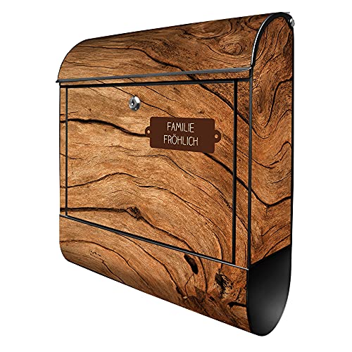 banjado® Design Briefkasten personalisiert Trockenes Holz 38,5x46,5x13cm & 2 Schlüssel - Briefkasten Stahl schwarz Zeitungsfach pulverbeschichtet - Postkasten A4 Einwurf inkl. Montagematerial von banjado