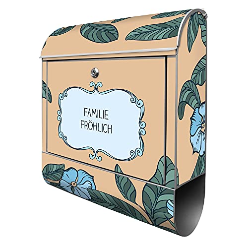 banjado® Design Briefkasten personalisiert WT Blaue Veilchen 38,5x46,5x13cm & 2 Schlüssel - Briefkasten Stahl Silber Zeitungsfach pulverbeschichtet - Postkasten A4 Einwurf inkl. Montagematerial von banjado