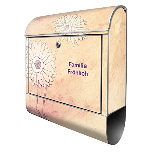 banjado® Design Briefkasten personalisiert WT Gerbera 38,5x46,5x13cm & 2 Schlüssel - Briefkasten Stahl Silber Zeitungsfach pulverbeschichtet - Postkasten A4 Einwurf inkl. Montagematerial von banjado