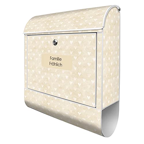 banjado® Design Briefkasten personalisiert mit Beige Herzen 38,5x46,5x13cm & 2 Schlüssel - Briefkasten Stahl weiß mit Zeitungsfach pulverbeschichtet - Postkasten A4 Einwurf inkl. Montagematerial von banjado
