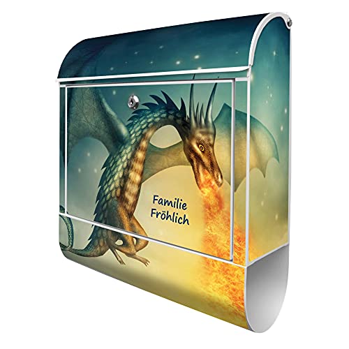 banjado® Design Briefkasten personalisiert mit Drachen 38,5x46,5x13cm & 2 Schlüssel - Briefkasten Stahl weiß mit Zeitungsfach pulverbeschichtet - Postkasten A4 Einwurf inkl. Montagematerial von banjado