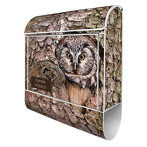banjado® Design Briefkasten personalisiert mit Eule 38,5x46,5x13cm & 2 Schlüssel - Briefkasten Stahl weiß mit Zeitungsfach pulverbeschichtet - Postkasten A4 Einwurf inkl. Montagematerial von banjado