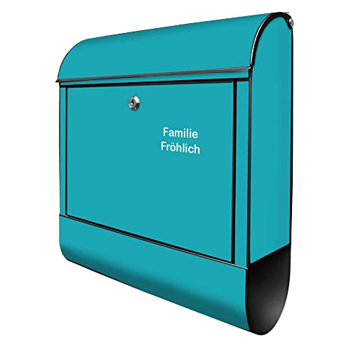banjado® Design Briefkasten personalisiert mit Farbe Türkis 39x47x14cm & 2 Schlüssel - Briefkasten Stahl schwarz mit Zeitungsfach pulverbeschichtet - Postkasten A4 Einwurf inkl. Montagematerial von banjado