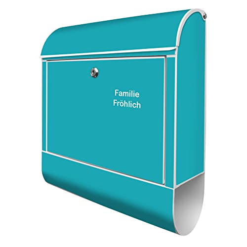 banjado® Design Briefkasten personalisiert mit Farbe Türkis 39x47x14cm & 2 Schlüssel - Briefkasten Stahl weiß mit Zeitungsfach pulverbeschichtet - Postkasten A4 Einwurf inkl. Montagematerial von banjado