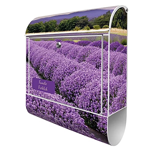 banjado® Design Briefkasten personalisiert mit Lavendel 1 38,5x46,5x13cm & 2 Schlüssel - Briefkasten Stahl weiß mit Zeitungsfach pulverbeschichtet - Postkasten A4 Einwurf inkl. Montagematerial von banjado