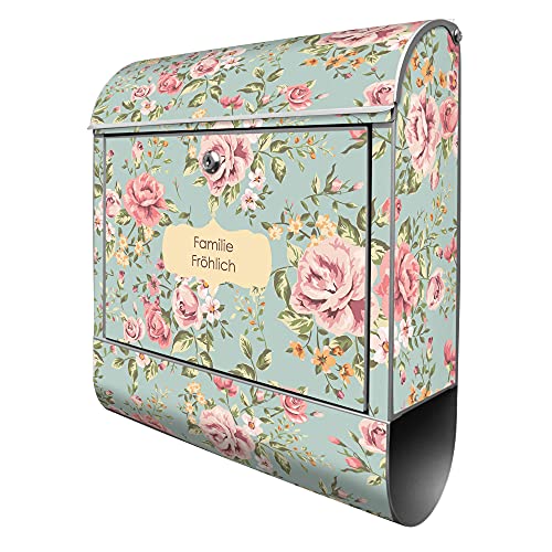 banjado® Design Briefkasten personalisiert mit Motiv Altrosa Blume 39x47x14cm & 2 Schlüssel - Briefkasten Stahl Silber mit Zeitungsfach pulverbeschichtet - Postkasten A4 Einwurf inkl. Montagematerial von banjado