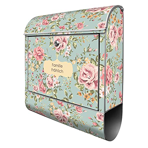 banjado® Design Briefkasten personalisiert Altrosa Blume 38,5x46,5x13cm & 2 Schlüssel - Briefkasten Stahl Silber Zeitungsfach pulverbeschichtet - Postkasten A4 Einwurf inkl. Montagematerial von banjado