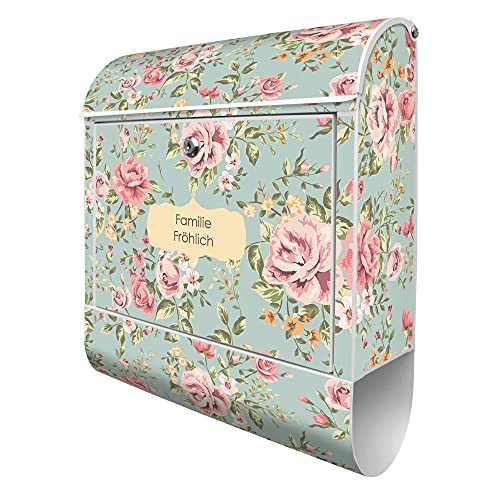 banjado® Design Briefkasten personalisiert mit Altrosa Blume 38,5x46,5x13cm & 2 Schlüssel - Briefkasten Stahl weiß mit Zeitungsfach pulverbeschichtet - Postkasten A4 Einwurf inkl. Montagematerial von banjado