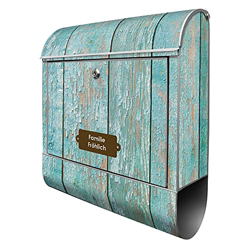 banjado® Design Briefkasten personalisiert mit Motiv Blaue Planken 39x47x14cm & 2 Schlüssel - Briefkasten Stahl Silber mit Zeitungsfach pulverbeschichtet - Postkasten A4 Einwurf inkl. Montagematerial von banjado