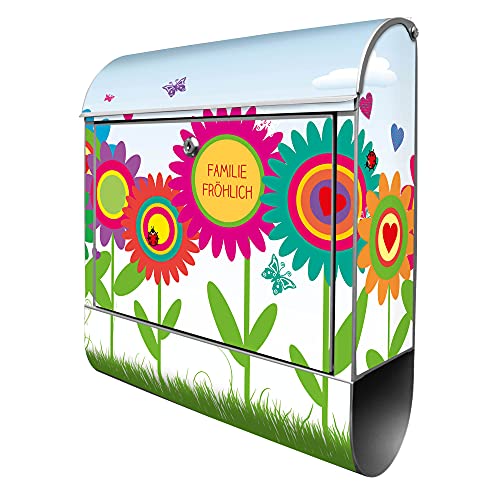 banjado® Design Briefkasten personalisiert mit Motiv Bunte Blumen 39x47x14cm & 2 Schlüssel - Briefkasten Stahl Silber mit Zeitungsfach pulverbeschichtet - Postkasten A4 Einwurf inkl. Montagematerial von banjado