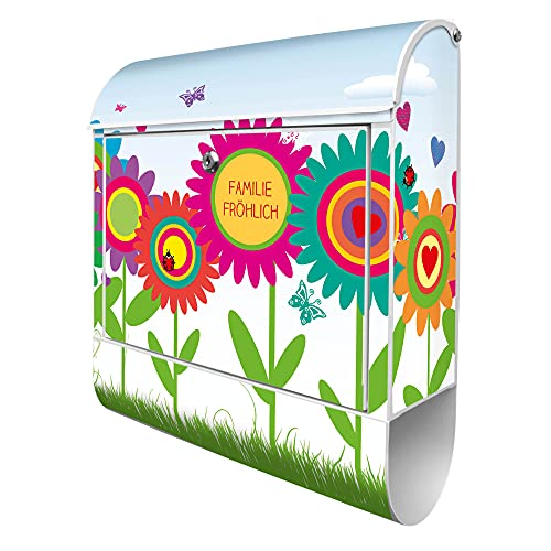 banjado® Design Briefkasten personalisiert mit Motiv Bunte Blumen 39x47x14cm & 2 Schlüssel - Briefkasten Stahl weiß mit Zeitungsfach pulverbeschichtet - Postkasten A4 Einwurf inkl. Montagematerial von banjado