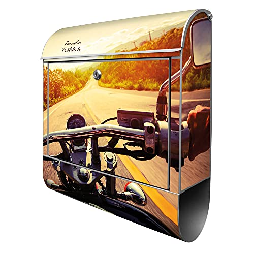 banjado® Design Briefkasten personalisiert mit Motiv Easy Rider 39x47x14cm & 2 Schlüssel - Briefkasten Stahl Silber mit Zeitungsfach pulverbeschichtet - Postkasten A4 Einwurf inkl. Montagematerial von banjado