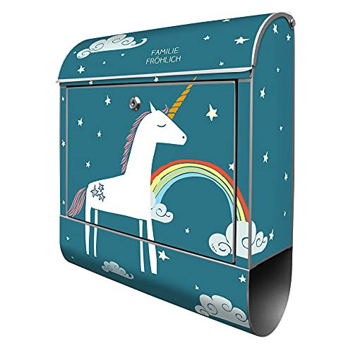 banjado® Design Briefkasten personalisiert mit Motiv Einhorn 39x47x14cm & 2 Schlüssel - Briefkasten Stahl Silber mit Zeitungsfach pulverbeschichtet - Postkasten A4 Einwurf inkl. Montagematerial von banjado