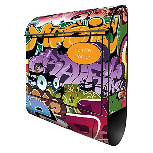 banjado® Design Briefkasten personalisiert mit Motiv Graffiti 39x47x14cm & 2 Schlüssel - Briefkasten Stahl schwarz mit Zeitungsfach pulverbeschichtet - Postkasten A4 Einwurf inkl. Montagematerial von banjado