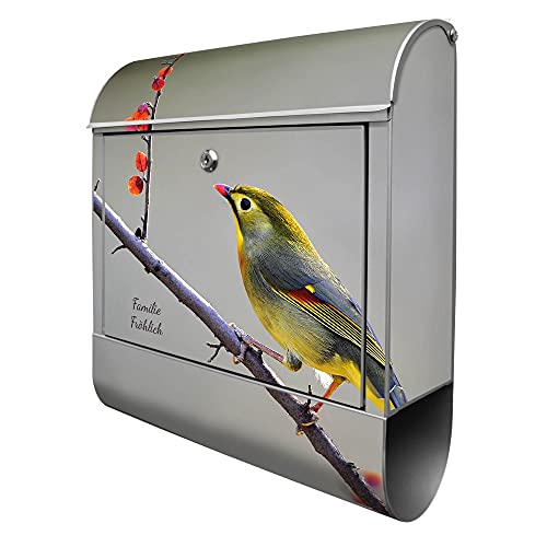 banjado® Design Briefkasten personalisiert Herbst Vogel 38,5x46,5x13cm & 2 Schlüssel - Briefkasten Stahl Silber Zeitungsfach pulverbeschichtet - Postkasten A4 Einwurf inkl. Montagematerial von banjado