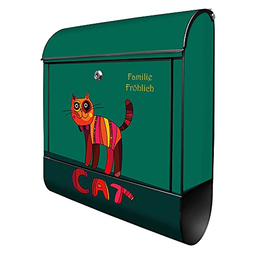 banjado® Design Briefkasten personalisiert mit Motiv Orange Katze 39x47x14cm & 2 Schlüssel - Briefkasten Stahl schwarz mit Zeitungsfach pulverbeschichtet - Postkasten A4 Einwurf inkl. Montagematerial von banjado