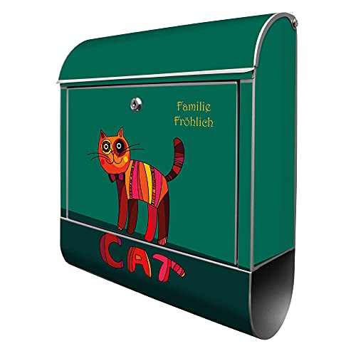 banjado® Design Briefkasten personalisiert mit Motiv Orange Katze 39x47x14cm & 2 Schlüssel - Briefkasten Stahl Silber mit Zeitungsfach pulverbeschichtet - Postkasten A4 Einwurf inkl. Montagematerial von banjado