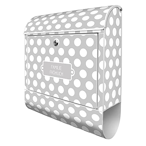 banjado® Design Briefkasten personalisiert mit Motiv Punkte Grau 39x47x14cm & 2 Schlüssel - Briefkasten Stahl weiß mit Zeitungsfach pulverbeschichtet - Postkasten A4 Einwurf inkl. Montagematerial von banjado