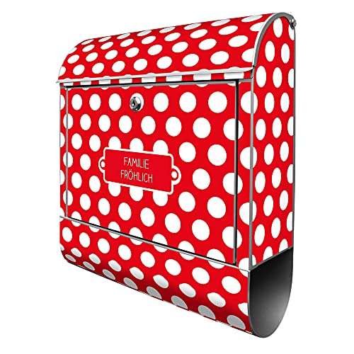 banjado® Design Briefkasten personalisiert mit Motiv Punkte Rot 39x47x14cm & 2 Schlüssel - Briefkasten Stahl Silber mit Zeitungsfach pulverbeschichtet - Postkasten A4 Einwurf inkl. Montagematerial von banjado