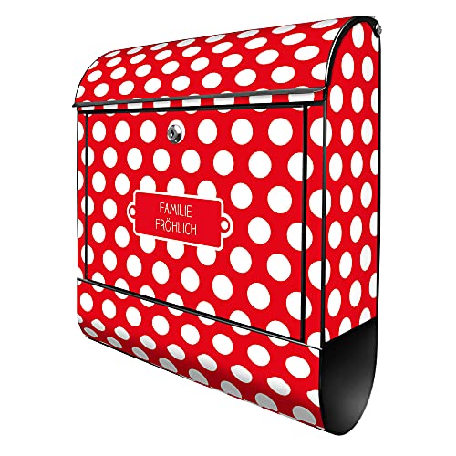 banjado® Design Briefkasten personalisiert mit Motiv Punkte Rot 39x47x14cm & 2 Schlüssel - Briefkasten Stahl schwarz mit Zeitungsfach pulverbeschichtet - Postkasten A4 Einwurf inkl. Montagematerial von banjado