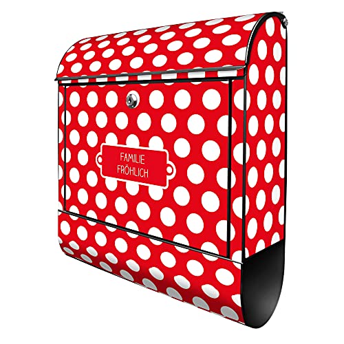 banjado® Design Briefkasten personalisiert Punkte Rot 38,5x46,5x13cm & 2 Schlüssel - Briefkasten Stahl schwarz Zeitungsfach pulverbeschichtet - Postkasten A4 Einwurf inkl. Montagematerial von banjado