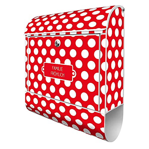 banjado® Design Briefkasten personalisiert mit Punkte Rot 38,5x46,5x13cm & 2 Schlüssel - Briefkasten Stahl weiß mit Zeitungsfach pulverbeschichtet - Postkasten A4 Einwurf inkl. Montagematerial von banjado