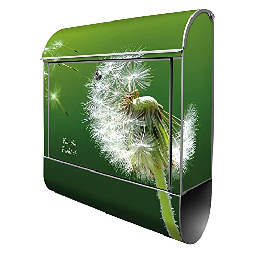 banjado® Design Briefkasten personalisiert mit Motiv Pusteblume 39x47x14cm & 2 Schlüssel - Briefkasten Stahl Silber mit Zeitungsfach pulverbeschichtet - Postkasten A4 Einwurf inkl. Montagematerial von banjado