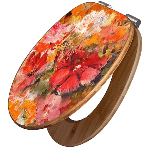 banjado Design WC Sitz Bambus Absenkautomatik 45,8x37,5cm / Toilettendeckel mit Absenkautomatik Holz/hochwertiger Bambus Klodeckel/WC-Sitz für gängigen Toiletten/Motiv Fallende Blumen von banjado