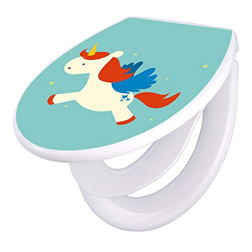 banjado® Familien WC Sitz Absenkautomatik 44x37cm Motiv Kleines Einhorn - Klodeckel/Klobrille kindersitz aus hochwertigem Polypropylen - universeller Toilettensitz Kindersitz integriert von banjado