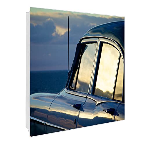 banjado® Großer Schlüsselkasten Glas/Schlüsselbox 30cm x 30cm mit 50 Haken - Motiv Auto am Strand/Schlüsselkasten modern für Schlüsselaufbewahrung mit beschreibbarer, magnetischer Glastür von banjado