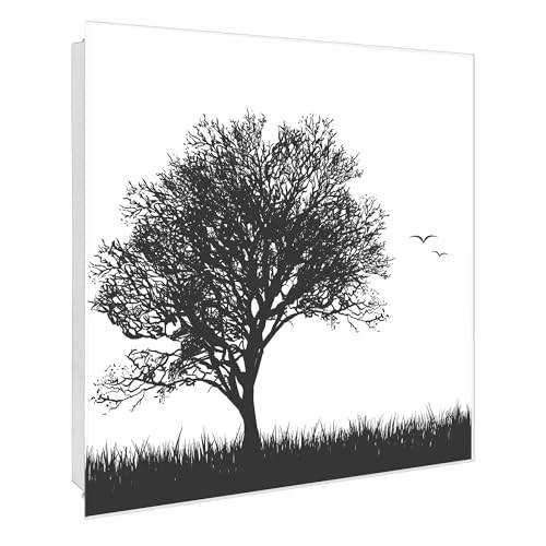 banjado® Großer Schlüsselkasten Glas/Schlüsselbox 30cm x 30cm mit 50 Haken - Motiv Baum und Vögel Silhouette/Schlüsselkasten modern für Schlüsselaufbewahrung mit beschreibbarer, magnetischer Glast von banjado