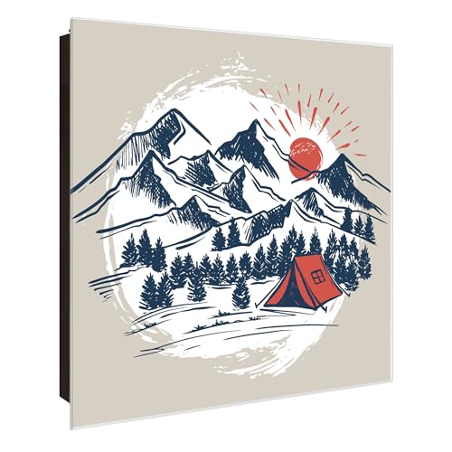 banjado Großer Schlüsselkasten Glas - Schlüsselbox 30x30cm mit 50 Haken - Schlüsselkasten modern für Schlüsselaufbewahrung mit beschreibbarer, magnetischer Glastür - Motiv Bergcamping von banjado