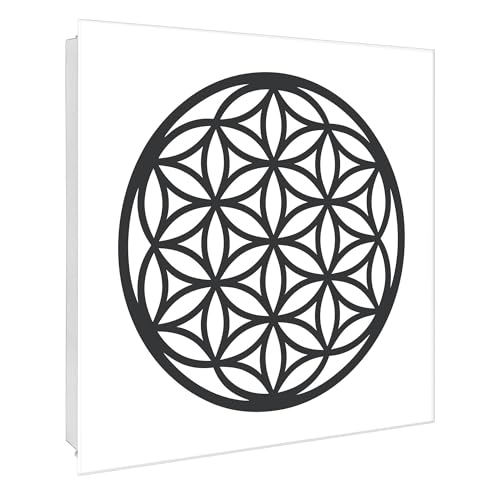 banjado® Großer Schlüsselkasten Glas/Schlüsselbox 30cm x 30cm mit 50 Haken - Motiv Blume des Lebens Muster/Schlüsselkasten modern für Schlüsselaufbewahrung mit beschreibbarer, magnetischer Glastür von banjado