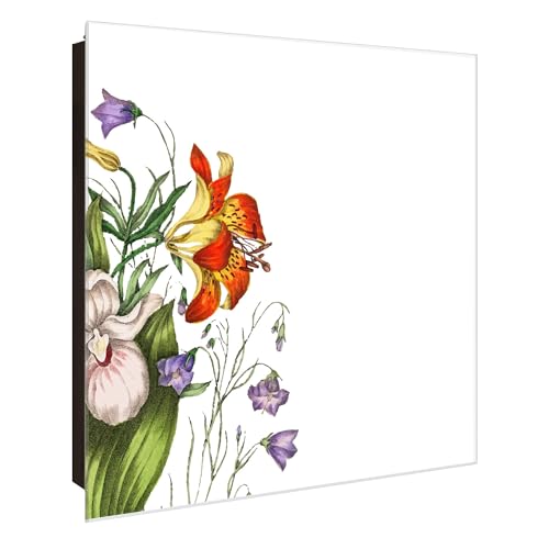 banjado® Großer Schlüsselkasten Glas/Schlüsselbox 30cm x 30cm mit 50 Haken - Motiv Blumen Aquarell 2 / Schlüsselkasten modern für Schlüsselaufbewahrung mit beschreibbarer, magnetischer Glastür von banjado