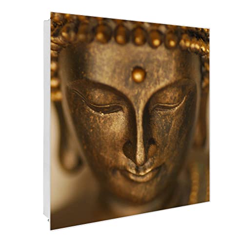 banjado® Großer Schlüsselkasten Glas/Schlüsselbox 30cm x 30cm mit 50 Haken - Motiv Buddha Gold/Schlüsselkasten modern für Schlüsselaufbewahrung mit beschreibbarer, magnetischer Glastür von banjado