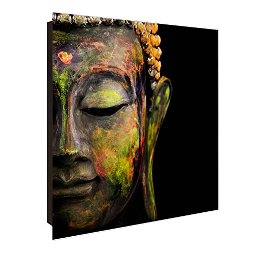 banjado® Großer Schlüsselkasten Glas/Schlüsselbox 30cm x 30cm mit 50 Haken - Motiv Bunter Buddha/Schlüsselkasten modern für Schlüsselaufbewahrung mit beschreibbarer, magnetischer Glastür von banjado