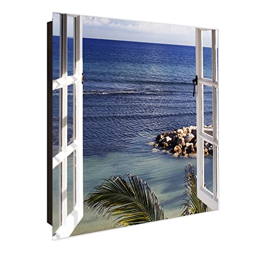 banjado® Großer Schlüsselkasten Glas/Schlüsselbox 30cm x 30cm mit 50 Haken - Motiv Fensterpanorama/Schlüsselkasten modern für Schlüsselaufbewahrung mit beschreibbarer, magnetischer Glastür von banjado