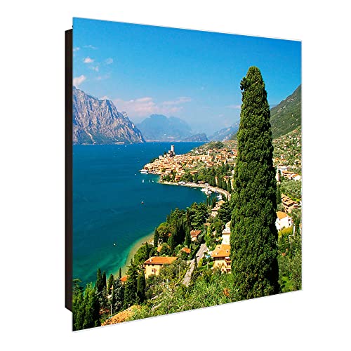 banjado® Großer Schlüsselkasten Glas/Schlüsselbox 30cm x 30cm mit 50 Haken - Motiv Gardasee/Schlüsselkasten modern für Schlüsselaufbewahrung mit beschreibbarer, magnetischer Glastür von banjado